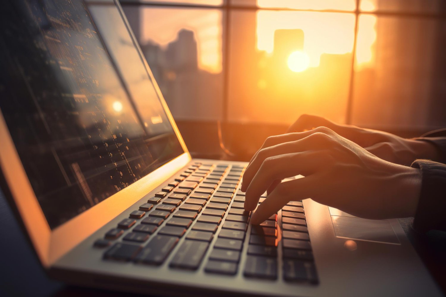 Profissional desenvolvendo dashboards interativos em laptop durante análise de dados ao entardecer