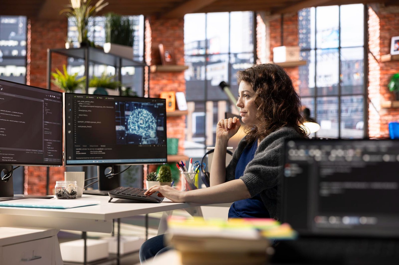 Desenvolvedora de software trabalhando em um ambiente corporativo com múltiplos monitores exibindo código, inteligência artificial e aplicações empresariais.