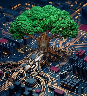 Árvore integrada a um circuito eletrônico representando inovação, transformação digital e desenvolvimento de soluções tecnológicas para empresas.